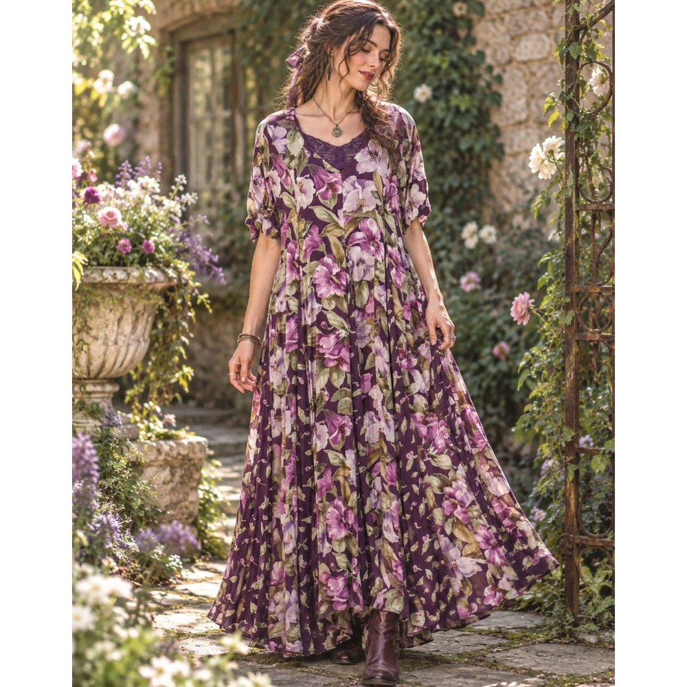 Vintage 90s Maxi Dress Purple Floral Modest Cottagecore Romantic Feminine Boho L